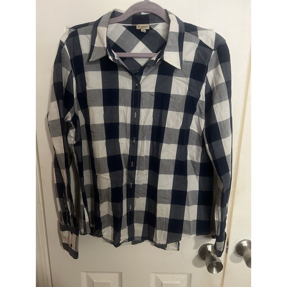 Cremieux Women Blue Plaid Long Sleeve Button-Down Shirt Blouse Size 12